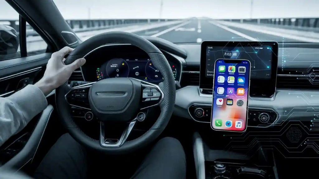 Modern car dashboard showing Bluetooth connectivity icon and hands-free calling interface