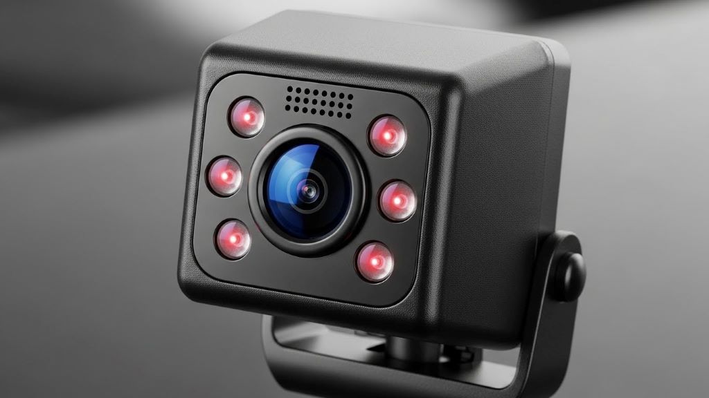 Close-up of modern rear view camera with infrared LEDs for improved nighttime performance and noise reduction