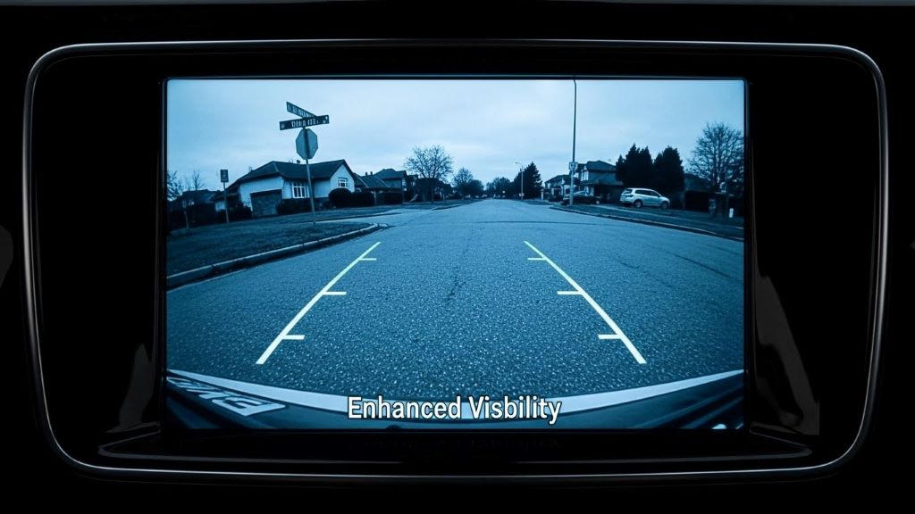 Rear view camera display showing clear night vision image with reduced noise and enhanced visibility