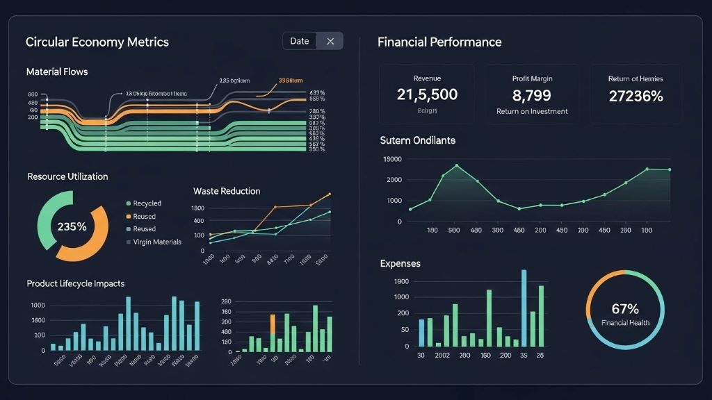 Dashboard showing circular economy metrics and financial performance indicators side by side on a digital platform