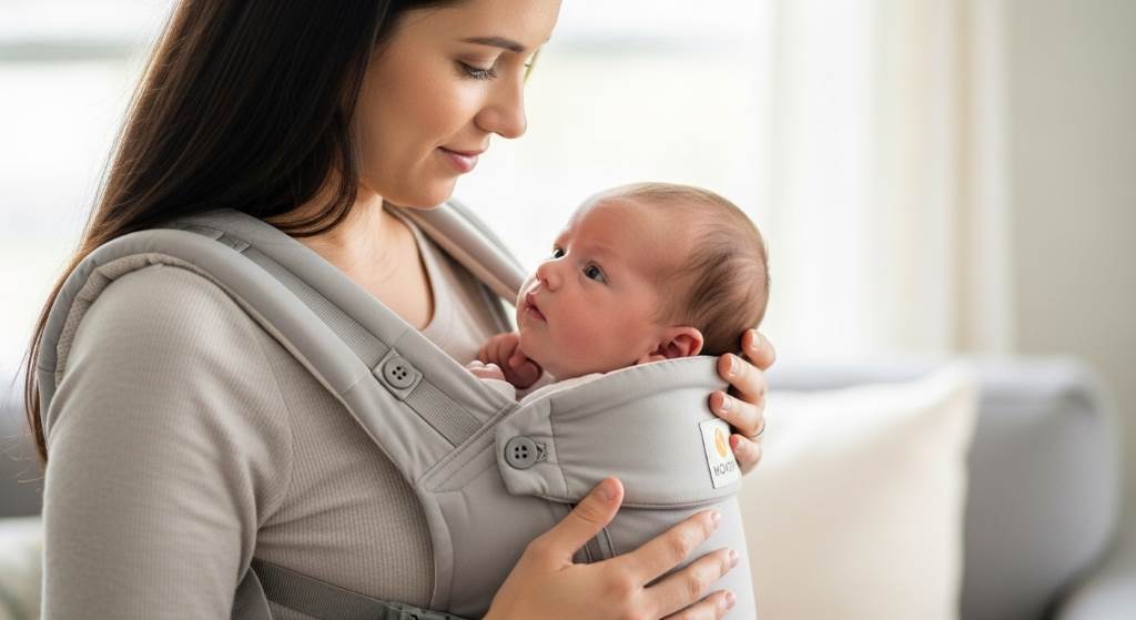 MOMTORY 6-in-1 Baby Carrier in front inward position with newborn for safe bonding