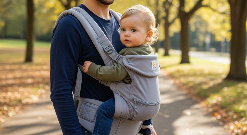 Parent using MOMTORY carrier hip seat mode during outdoor walk for toddler comfort