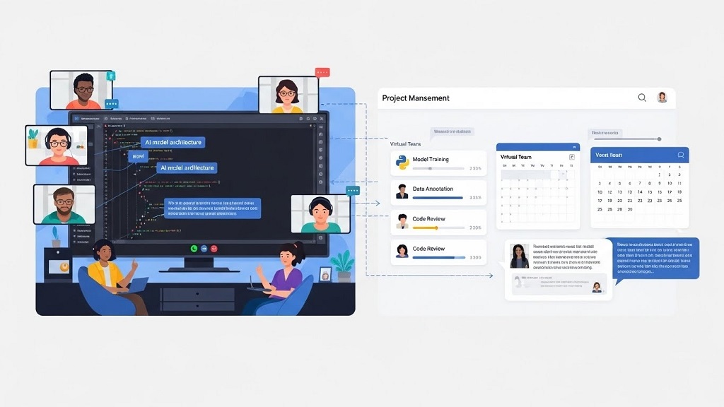 Remote AI software development team collaborating online