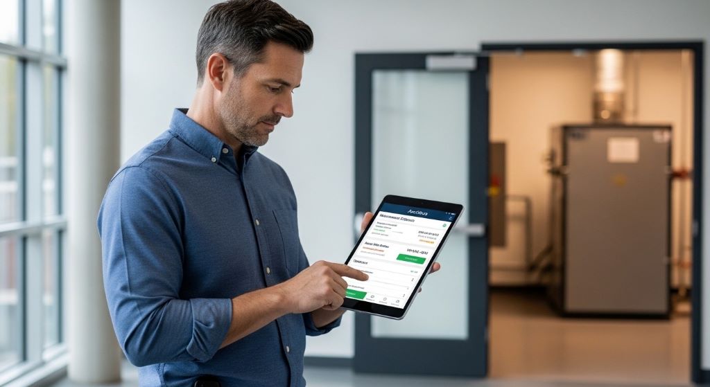 Facility manager using Archibus mobile app on tablet to review equipment maintenance data and work orders in building