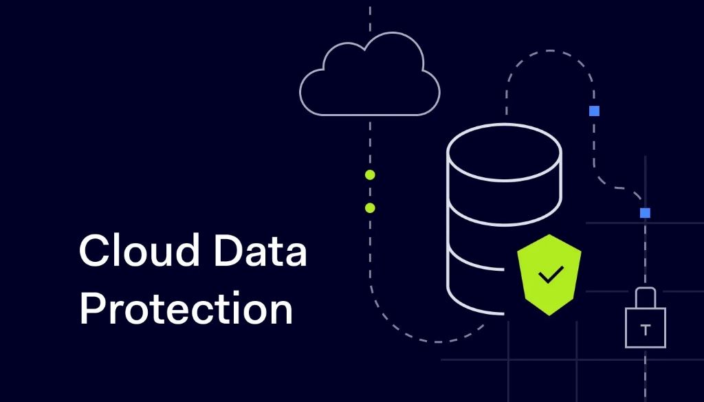 Cloud security setup in California showing data protection from cyber threats using secure servers and digital defense systems.