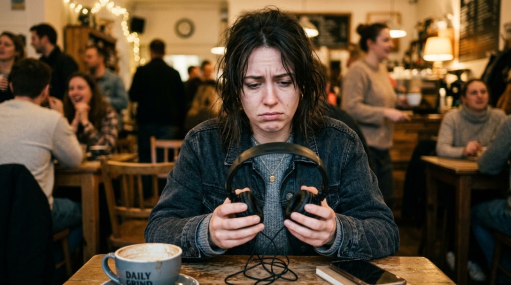 A professional wearing wireless noise-cancelling headphones inside a busy airport terminal.