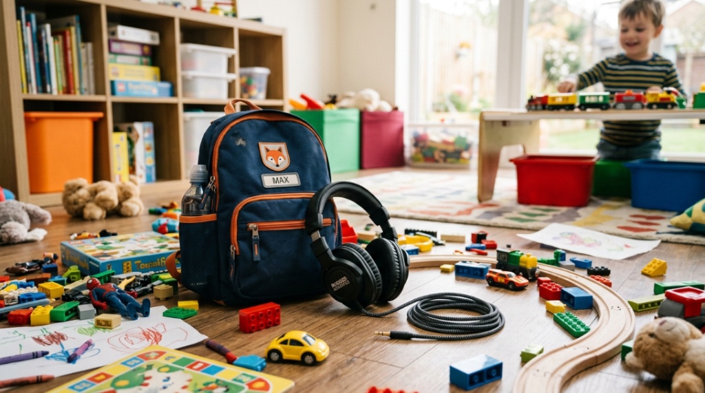 Durable reinforced headphones with a braided cable resting on a playroom floor.