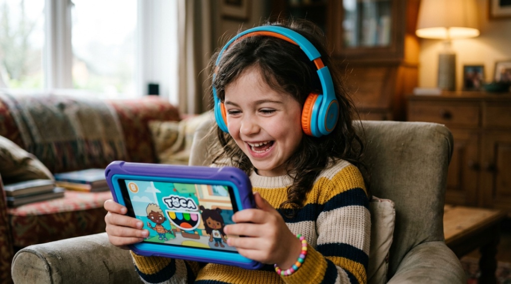 A happy child wearing colorful flexible over-ear headphones while using a tablet.