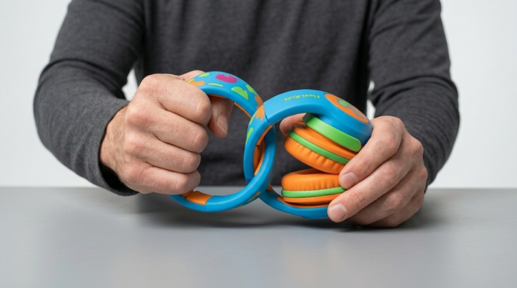 Hands bending a pair of flexible plastic children's headphones to show durability.