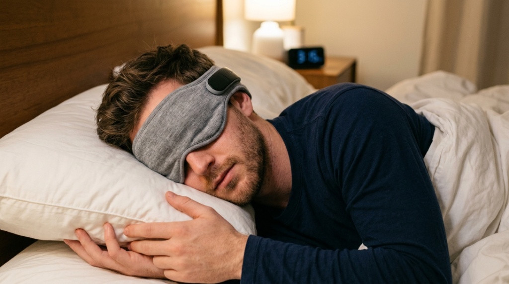 A woman resting peacefully in bed while wearing soft white sleep headphones.