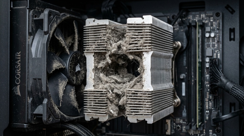 Gray dust trapped inside computer cooling fans and heatsink fins