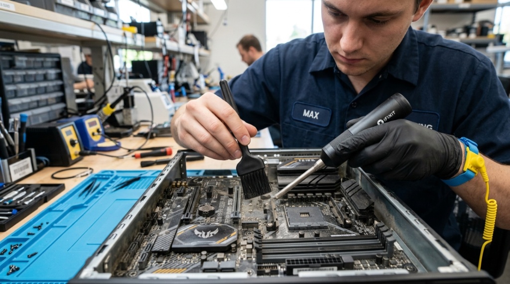 Technician cleaning dust from a desktop motherboard using an anti-static brush.