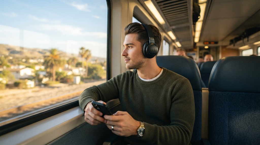 Man wearing black JBL headphones sitting on a commuter train near a sunny window.